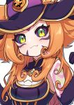  :3 animal_ears blue_dress cat_ears closed_mouth dokumi dress green_pupils halloween halloween_costume hat league_of_legends neeko_(league_of_legends) orange_hair simple_background witch_hat 