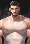  1boy bara black_hair chris_redfield closed_mouth covered_nipples facial_hair gr_goden highres large_pectorals male_focus muscular muscular_male pectorals resident_evil resident_evil_village see-through short_hair solo tank_top upper_body white_tank_top 