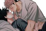  2boys after_kiss bangs black_hair black_shirt blush brown_eyes clothes_lift eye_contact facial_mark fushiguro_megumi fushirun_rung green_eyes highres indoors itadori_yuuji jujutsu_kaisen korean_commentary looking_at_another male_focus multiple_boys on_bed pants pink_hair shirt shirt_lift short_hair short_sleeves spiked_hair tongue tongue_out undercut white_shirt yaoi 