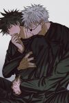  2boys bangs bite_mark black_hair black_jacket blush buttons closed_eyes covering_mouth eyelashes fushiguro_megumi fushirun_rung gojou_satoru green_eyes hand_over_own_mouth highres hug jacket jujutsu_kaisen korean_commentary licking licking_neck long_sleeves male_focus multiple_boys one_eye_closed school_uniform short_hair sitting spiked_hair sunglasses white_hair yaoi 