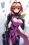  1girl ahoge bangs bodysuit breasts breasts_apart brown_eyes brown_hair closed_mouth commentary covered_navel cowboy_shot floating_hair fortified_suit hair_between_eyes hair_intakes highres kagami_sumika large_breasts long_hair looking_at_viewer low_ponytail monane4 muvluv muvluv_alternative pink_bodysuit skin_tight smile solo standing very_long_hair 