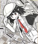  1girl breasts cabbie_hat check_commentary collared_shirt commentary commentary_request cowboy_shot dutch_angle flat_cap hat highres jacket kneehighs limited_palette necktie newspaper no_wings open_mouth pointy_ears red_eyes red_necktie shameimaru_aya shameimaru_aya_(newsboy) shirt shorts small_breasts socks solo suit_jacket suspender_shorts suspenders tie_clip touhou traditional_media yakousei_no_kame 