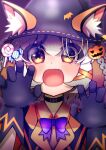  1girl animal_costume animal_ear_fluff animal_ears candy choker dress extra_ears food fox_ears fox_girl gloves grey_hair halloween halloween_costume hat highres hikarikmy island_fox_(kemono_friends) kemono_friends kemono_friends_v_project long_hair looking_at_viewer multicolored_hair open_mouth orange_hair pumpkin ribbon simple_background smile solo virtual_youtuber witch_hat yellow_eyes 