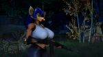  16:9 3d_(artwork) anthro automatic_weapon backpack big_breasts blue_hair bottomwear breasts butt canid canine car carmelita_fox cigarette clothed clothing denim denim_clothing digital_media_(artwork) female fox fur gomifox gun hair hi_res holding_gun holding_object holding_weapon jeans mammal pants ranged_weapon shirt sly_cooper_(series) smoke smoking solo sony_corporation sony_interactive_entertainment sucker_punch_productions t-shirt topwear vehicle video_games weapon widescreen 