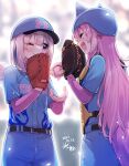  2girls :d amane_kanata ball baseball baseball_mitt baseball_uniform belt black_belt blue_hair blue_pants blue_shirt blush closed_eyes closed_mouth dated grey_hair hakui_koyori hat hikawa_shou holding holding_ball hololive layered_sleeves long_hair long_sleeves multicolored_hair multiple_girls one_eye_closed pants pink_hair purple_eyes shirt short_over_long_sleeves short_sleeves signature smile sportswear streaked_hair tail very_long_hair virtual_youtuber 