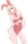 1girl adjusting_clothes animal_ears ascot bangs blonde_hair blush breasts detached_collar fake_animal_ears large_breasts leotard long_hair original playboy_bunny rabbit_ears red_ascot red_eyes red_leotard simple_background smile solo tomamatto white_background wrist_cuffs 