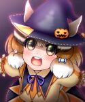  1girl animal_costume animal_ear_fluff animal_ears brown_hair candy chipmunk_costume chipmunk_ears chipmunk_girl dress extra_ears food halloween halloween_costume hat highres hikarikmy kemono_friends kemono_friends_v_project looking_at_viewer multicolored_hair open_mouth pumpkin ribbon short_hair siberian_chipmunk_(kemono_friends) simple_background smile solo virtual_youtuber white_hair witch_hat 