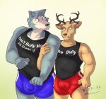  absurd_res anthro antlers arm_grab athletic athletic_wear beastars brown_body bulge bullying canid canine canis cervid clothing duo grey_body hi_res horn legoshi_(beastars) louis_(beastars) male male/male mammal muscular native_voyage shirt tank_top topwear voyagersscrapbook wolf 