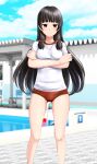  1girl absurdres black_hair blue_sky breasts buruma cleavage cloud crossed_arms day feet_out_of_frame gym_shirt gym_uniform hair_ribbon highres isokaze_(kancolle) kantai_collection long_hair looking_at_viewer medium_breasts outdoors pool poolside red_buruma red_eyes ribbon shirt sky solo starting_block t-shirt takafumi tress_ribbon white_shirt 