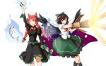  2girls :3 absurdres animal_ears arm_cannon arm_up bow braid cape cat_ears cclbzxiaoming dress fang green_bow green_dress green_skirt hair_bow highres kaenbyou_rin long_hair multiple_girls red_eyes red_hair reiuji_utsuho skeleton skin_fang skirt skull third_eye touhou twin_braids weapon white_cape wings 