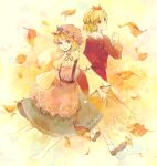  2girls aki_minoriko aki_shizuha apron autumn_leaves barefoot black_footwear black_skirt blonde_hair blouse commentary_request falling_leaves grape_hat_ornament hair_ornament hat juliet_sleeves kaede_(mmkeyy) leaf leaf_hair_ornament long_sleeves mob_cap multiple_girls orange_apron orange_eyes orange_headwear orange_skirt puffy_sleeves red_shirt red_skirt shirt short_hair skirt socks toes touhou wheat_print white_socks wide_sleeves yellow_eyes yellow_shirt 