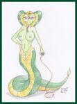  anthro blue_eyes border breasts clothed clothing cobra eyeshadow female green_border hand_on_hip jewelry lilith_(disambiguation) makeup nipples reddragonkan reptile scalie semi-anthro snake tongue tongue_out topless topless_female traditional_media_(artwork) whip 