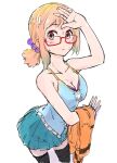  1girl :o black_thighhighs blue_skirt breasts brown_eyes cleavage glasses hair_bobbles hair_ornament hot looking_at_viewer low_ponytail medium_breasts orange_hair original parted_lips ponytail red-framed_eyewear short_ponytail simple_background skirt solo sweat tank_top thighhighs tomamatto white_background 