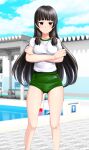  1girl absurdres black_hair blue_sky breasts buruma cleavage cloud crossed_arms day feet_out_of_frame green_buruma gym_shirt gym_uniform hair_ribbon highres isokaze_(kancolle) kantai_collection long_hair looking_at_viewer medium_breasts outdoors pool poolside red_eyes ribbon shirt sky solo starting_block t-shirt takafumi tress_ribbon white_shirt 