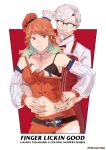  1boy 1girl absurdres black_bra bra breasts chef_hat cleavage colonel_sanders cover cover_page doujin_cover dress english_text glasses hat highres hololive hololive_english hug hug_from_behind kfc navel open_clothes open_dress orange_hair takanashi_kiara twitter_username underwear white_background white_hair xyanaid 