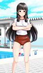  1girl absurdres black_hair blue_sky breasts buruma cleavage cloud crossed_arms day feet_out_of_frame gym_shirt gym_uniform hair_ribbon highres isokaze_(kancolle) kantai_collection long_hair looking_at_viewer medium_breasts outdoors pool poolside red_buruma red_eyes ribbon shirt sky solo starting_block t-shirt takafumi tress_ribbon white_shirt 