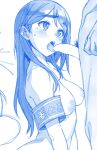 armband blush breasts fellatio greyscale greyscale_with_colored_background highres large_breasts long_hair male_pubic_hair monochrome nipples no_bra nude oral pubic_hair thick_eyebrows tsukimoto_kizuki 