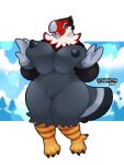  accipitrid accipitriform amelia_(animal_crossing) animal_crossing anthro avian beak big_breasts bird black_body black_feathers blue_eyes breasts claws eagle feathers female grey_body grey_feathers hi_res mature_female nintendo nipples nude open_mouth open_smile schwarzfox smile solo thick_thighs video_games 