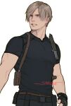  1boy artist_name bangs black_gloves black_shirt blonde_hair clenched_teeth fingerless_gloves gloves grey_eyes leon_s._kennedy looking_to_the_side male_focus muscular muscular_male parted_bangs resident_evil resident_evil_4 sardine_(kjr0313) shirt short_hair short_sleeves signature solo t-shirt tactical_clothes teeth tight tight_shirt upper_body white_background 