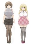  2girls black_skirt blonde_hair blue_eyes breasts brown_hair brown_pantyhose chie&#039;s_mom_(ishikei) chie_(ishikei) closed_mouth full_body grey_sweater grey_thighhighs huge_breasts ishikei jewelry long_hair looking_at_viewer mother_and_daughter multiple_girls necklace original pantyhose pink_skirt shirt short_hair simple_background skirt smile standing sweater thighhighs thighs turtleneck turtleneck_sweater white_background white_shirt zettai_ryouiki 