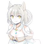  1girl animal_ear_fluff animal_ears bangs bare_shoulders breasts cleavage closed_mouth dress grey_hair hair_between_eyes looking_at_viewer mio_(xenoblade) mizuki_riko simple_background small_breasts smile solo upper_body white_background white_dress xenoblade_chronicles_(series) xenoblade_chronicles_3 yellow_eyes 