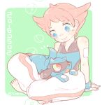  1girl 2016 bandage_on_face bandages bare_shoulders barefoot blue_eyes blue_gloves closed_mouth dated fingerless_gloves gloves indian_style katiko maylene_(pokemon) no_nose on_lap pants pink_hair pokemon pokemon_(creature) pokemon_(game) pokemon_dppt pokemon_on_lap riolu short_hair sitting smile twitter_username white_pants 