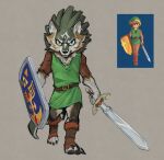  anthro boots canid canine canis clothing elranno footwear humanoid hylian hylian_shield link link_(wolf_form) looking_at_viewer male mammal master_sword melee_weapon nintendo reference_image shield solo sword the_legend_of_zelda toeless_boots toeless_footwear tunic video_games weapon wolf 