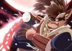  anthro armor canid canine canis clothing domestic_dog eyebrows gauntlets gloves hair hair_over_eye handwear katana lifewonders male mammal melee_weapon moon one_eye_obstructed red_moon ren_izayoi samurai scar shino_(housamo) solo sword thick_eyebrows tokyo_afterschool_summoners video_games warrior weapon 