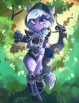  2019 armor arrow_(weapon) biped blue_body bow_(weapon) clothing dota earth_pony equid equine female feral forest hair hasbro hat headgear headwear hi_res horse mammal my_little_pony outside plant ponification pony purple_eyes ranged_weapon saxopi signature solo traxex_the_drow_ranger tree video_games weapon white_hair 
