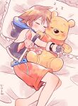  1boy barefoot bear blush closed_eyes fingerless_gloves foot_out_of_frame gloves hair_between_eyes highres hood hood_down hooded_jacket jacket ki_8498 kingdom_hearts male_child male_focus pig piglet_(winnie_the_pooh) pillow red_shorts short_hair short_sleeves shorts sleeping smile sora_(kingdom_hearts) spiked_hair winnie_the_pooh zzz 