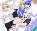  1girl 2boys abubu bed black_thighhighs blonde_hair blue_dress blue_hair blue_trim blush book dress hair_ornament hairclip handheld_game_console hood hoodie kagamine_len kagamine_rin kaito_(vocaloid) lying multiple_boys nintendo_ds on_back on_bed panties pillow shirt short_hair short_sleeves sitting sweatdrop thighhighs underwear vocaloid white_hoodie white_shirt 