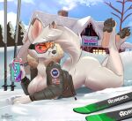  2022 4_toes anthro artist_name barefoot beverage breasts building butt canid canine clothing container cup eyewear feet female fox fur goggles hi_res hinget jacket mammal plant slushie snow solo store straw toes topwear tree watermark white_body white_fur year 