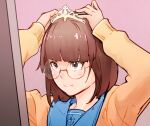  1girl arms_up bangs blue_sailor_collar blush brown_eyes brown_hair closed_mouth commentary_request glasses long_sleeves mirror original pink_background round_eyewear sailor_collar short_hair simple_background solo sweat tiara tomamatto upper_body yellow-framed_eyewear 