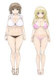  2girls barefoot_sandals bikini blonde_hair blue_eyes breasts brown_hair chie&#039;s_mom_(ishikei) chie_(ishikei) cleavage closed_mouth full_body huge_breasts ishikei long_hair looking_at_viewer mother_and_daughter multiple_girls navel original pink_bikini sandals short_hair simple_background smile standing swimsuit white_background 