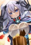  1girl against_glass azur_lane bangs black_dress black_gloves blue_cloak blue_eyes blurry blurry_foreground blush breast_press breasts breasts_on_glass cake cake_slice cleavage cloak closed_mouth commentary_request commission cowboy_shot dress food gekato glass gloves grey_hair hair_between_eyes hair_ornament hand_on_glass high_collar highres intrepid_(azur_lane) large_breasts long_hair looking_at_food mole mole_on_breast partial_commentary short_dress sidelocks skeb_commission solo standing strapless strapless_dress strawberry_shortcake two_side_up very_long_hair 