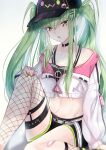  1girl absurdres bandaid bandaid_on_leg baseball_cap belt budgiepon c.c. code_geass cosplay cosplay_request cropped_shirt fishnet_thighhighs fishnets green_hair groin hat highres hololive knee_up looking_at_viewer multicolored_nails navel_piercing piercing pink_nails scar short_shorts shorts sidelocks single_thighhigh sitting solo thighhighs thighs tokoyami_towa tokoyami_towa_(cosplay) twintails white_background white_thighhighs yellow_eyes yellow_nails 