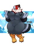  3:4 accipitrid accipitriform amelia_(animal_crossing) animal_crossing anthro avian beak big_breasts bird black_body black_feathers blue_eyes breasts claws eagle feathers female grey_body grey_feathers hi_res mature_female nintendo nipples nude open_mouth open_smile schwarzfox smile solo thick_thighs video_games 