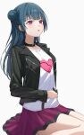  1girl absurdres aftamc bangs black_collar black_jacket blue_hair collar collarbone commentary_request feet_out_of_frame grey_background hair_bun highres jacket leather leather_jacket long_hair long_sleeves looking_away love_live! love_live!_sunshine!! open_clothes open_jacket parted_lips pleated_skirt purple_eyes purple_skirt shirt simple_background single_side_bun sitting skirt solo stomach_ache tsushima_yoshiko very_long_hair wariza white_shirt wide_sleeves 