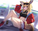  1girl adjusting_eyewear ahoge alternate_costume animal_ears ao_ne bare_legs belt black_hair black_shirt blonde_hair blurry bokeh breasts bubble_blowing can chewing_gum commentary convenient_leg cropped_shirt cross-laced_footwear depth_of_field drink expressionless eyewear_on_head fox_ears fox_girl fox_tail full_body hair_ornament hand_in_pocket highres hololive jacket long_hair looking_at_viewer medium_breasts miniskirt multicolored_hair nail_polish navel omaru_polka open_clothes open_jacket pink_hair pleated_skirt purple_eyes red_belt red_footwear red_jacket red_nails shirt shoes sitting skirt sleeveless sleeveless_shirt sneakers solo stomach streaked_hair sunglasses symbol-only_commentary tail taut_clothes taut_shirt thighs tinted_eyewear virtual_youtuber white_skirt wide_sleeves x_hair_ornament 