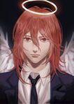  1boy androgynous angel_devil_(chainsaw_man) angel_wings black_background black_necktie chainsaw_man collared_shirt feathered_wings formal hair_between_eyes highres long_hair looking_at_viewer ndsoda necktie red_eyes red_hair shirt simple_background solo suit white_shirt white_wings wings 