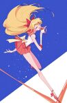 1girl aino_minako back_bow bangs bishoujo_senshi_sailor_moon blonde_hair blue_background blue_bow blue_bowtie bow bowtie breasts full_body hair_bow highres leaning_forward legs long_hair looking_at_viewer medium_breasts one_eye_closed open_mouth orange_sailor_collar orange_skirt pleated_skirt pochi_(askas_is_god) red_bow sailor_collar sailor_senshi_uniform sailor_venus skirt smile tiara two-tone_background white_background 