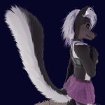  1:1 3d_(artwork) anthro attifyon_(artist) black_body black_fur blender_(software) breasts choker clothed clothing digital_media_(artwork) ear_piercing ear_ring female fluffy fluffy_tail fully_clothed fur hair jewelry mammal mephitid necklace piercing punk purple_eyes ring_piercing skunk solo vanessa_(foxovh) white_hair 