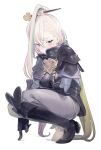  1girl armor armored_boots bangs blush bodysuit boots breastplate breasts fate/grand_order fate_(series) gauntlets green_hair grey_bodysuit grey_eyes hair_between_eyes hair_ornament hairpin high_collar highres huyan_zhuo_(fate) large_breasts long_hair looking_at_viewer multicolored_hair pauldrons shoulder_armor solo squatting streaked_hair thighs urayamashiro_(artist) very_long_hair white_hair 