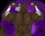  anthro aro_rouon big_muscles brown_body brown_fur brown_hair canid canine canis english_text fist flexing flexing_bicep flexing_both_biceps fur go_to_sleep_now gradient_background green_eyes hair looking_at_viewer looking_back looking_back_at_viewer male mammal muscular nude purple_background rear_view shirtless shirtless_anthro shirtless_male simple_background solo text utau wolf 