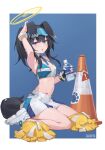  1girl absurdres animal_ears arm_up armpits bangs bare_arms bilibili_xiaolu black_hair blue_archive blue_eyes bottle bracelet breasts cleavage commentary_request crop_top dog_ears dog_tail full_body gloves goggles goggles_on_head halo heart heart_tattoo hibiki_(blue_archive) hibiki_(cheerleader)_(blue_archive) highres holding holding_bottle jewelry long_hair looking_at_viewer midriff miniskirt navel parted_lips pom_pom_(cheerleading) ponytail sidelocks simple_background single_glove skirt solo star_(symbol) sweat tail tattoo traffic_cone war 
