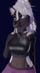  3d_(artwork) anthro attifyon_(artist) black_body black_fur blender_(software) boots breasts choker clothed clothing digital_media_(artwork) ear_piercing ear_ring female fluffy footwear fully_clothed fur hair jewelry mammal mephitid midriff necklace piercing punk purple_eyes ring_piercing skunk solo vanessa_(foxovh) white 