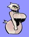  2022 anthro big_breasts black_body black_eyeshadow black_fur blush body_blush breast_blush breast_squish breasts canid canine canis cleavage cleavage_overflow clothed clothing collar collar_tag cute_fangs dogfluid domestic_dog dress eyebrows eyeshadow female floppy_ears freckles fur grey_body grey_fur half-closed_eyes hand_on_breast head_tuft huge_breasts looking_at_viewer makeup mammal narrowed_eyes nonbinary_(lore) one_eye_closed open_mouth portrait rubber rubber_clothing sammy_(dogfluid) sharp_teeth shoulder_blush solo squish strapless_clothing strapless_dress teeth thick_thighs thigh_blush three-quarter_portrait tuft white_eyes wink winking_at_viewer yellow_sclera 