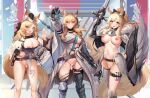  3girls 463_jun absurdres animal_ears arknights armor armored_boots ass_visible_through_thighs bangs bar_censor belt black_bow black_gloves black_headwear black_thighhighs blemishine_(arknights) blonde_hair blue_eyes blush boots bottomless bow breasts breasts_out cape capelet censored chinese_commentary closed_mouth clothes_pull covered_nipples earpiece feet_out_of_frame fur-trimmed_capelet fur_trim garrison_cap gloves grey_shirt hair_between_eyes hair_bow hand_on_hip hat highres holding holding_shield holding_sword holding_weapon horse_ears horse_girl horse_tail kingdom_of_kazimierz_logo large_breasts leg_armor long_hair looking_at_viewer medal multiple_girls navel nearl_(arknights) nearl_the_radiant_knight_(arknights) nipples no_panties one_breast_out open_mouth orange_eyes outstretched_arm parted_bangs pelvic_curtain ponytail puffy_nipples pussy shield shirt shirt_pull siblings sidelocks sisters smile standing stomach sweat sword tail test_tube thigh_strap thighhighs thighhighs_under_boots thighs torn_clothes torn_legwear vambraces waist_cape weapon whislash_(arknights) white_cape white_capelet 
