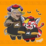  2boys animal_ears bat_(animal) bead_necklace beads braid brown_fur chibi commentary_request cow_ears cow_horns cow_tail facial_hair fangs fangs_out flats full_body furry furry_male goatee highres horns jewelry jiangshi_costume leaf long_hair male_focus minotaur mouth_hold multiple_boys necklace open_mouth orange_background outline purple_eyes purple_horns red_fur red_panda_boy red_panda_ears red_panda_tail shennong_(housamo) signature single_braid smile smirk stalk_in_mouth tail thick_eyebrows tokyo_afterschool_summoners white_fur white_hair white_outline yanai_inaya zhurong_(housamo) 