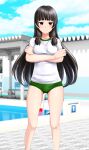  1girl absurdres black_hair blue_sky breasts buruma cleavage cloud crossed_arms day feet_out_of_frame green_buruma gym_shirt gym_uniform hair_ribbon highres isokaze_(kancolle) kantai_collection long_hair looking_at_viewer medium_breasts outdoors pool poolside red_eyes ribbon shirt sky solo starting_block t-shirt takafumi tress_ribbon white_shirt 